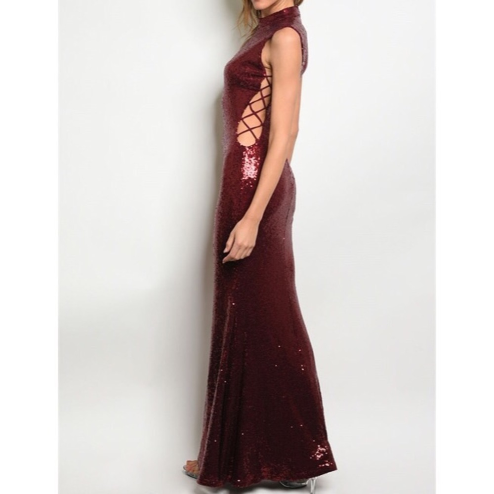 New sexy red burgundy sequin maxi gown dress - Picture 3 of 3